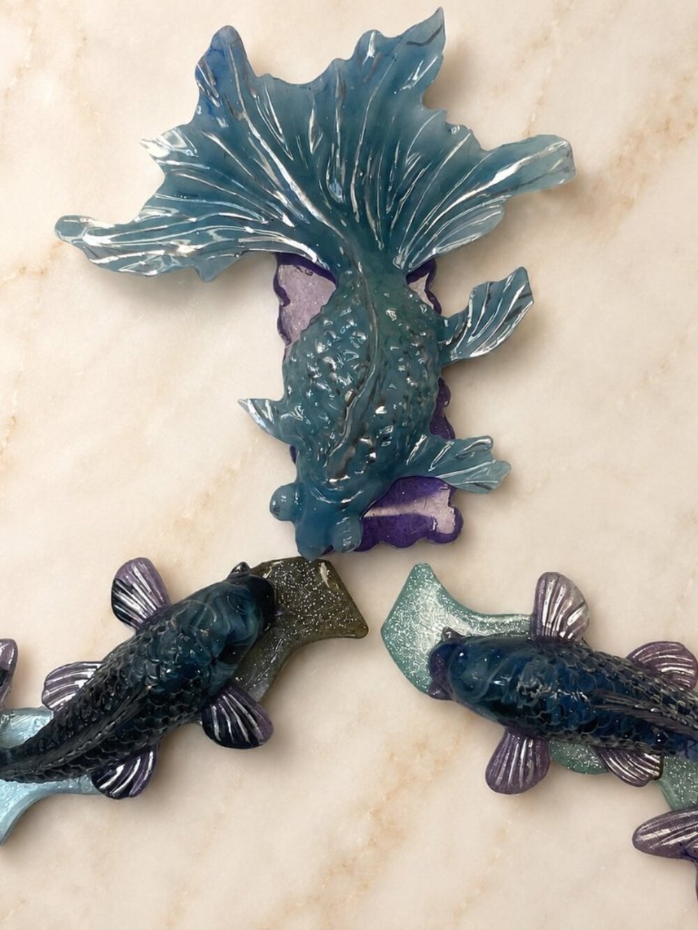 Handmade Resin Betta Koi Fish Hair Clips Trio, Sea Green Blue Purple Accents